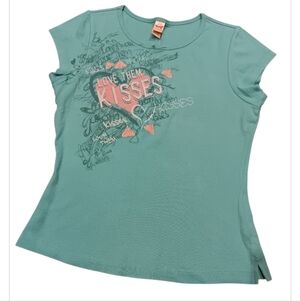 Y2k 2000s Teal Graphic T-Shirt with Heart Design Sz M